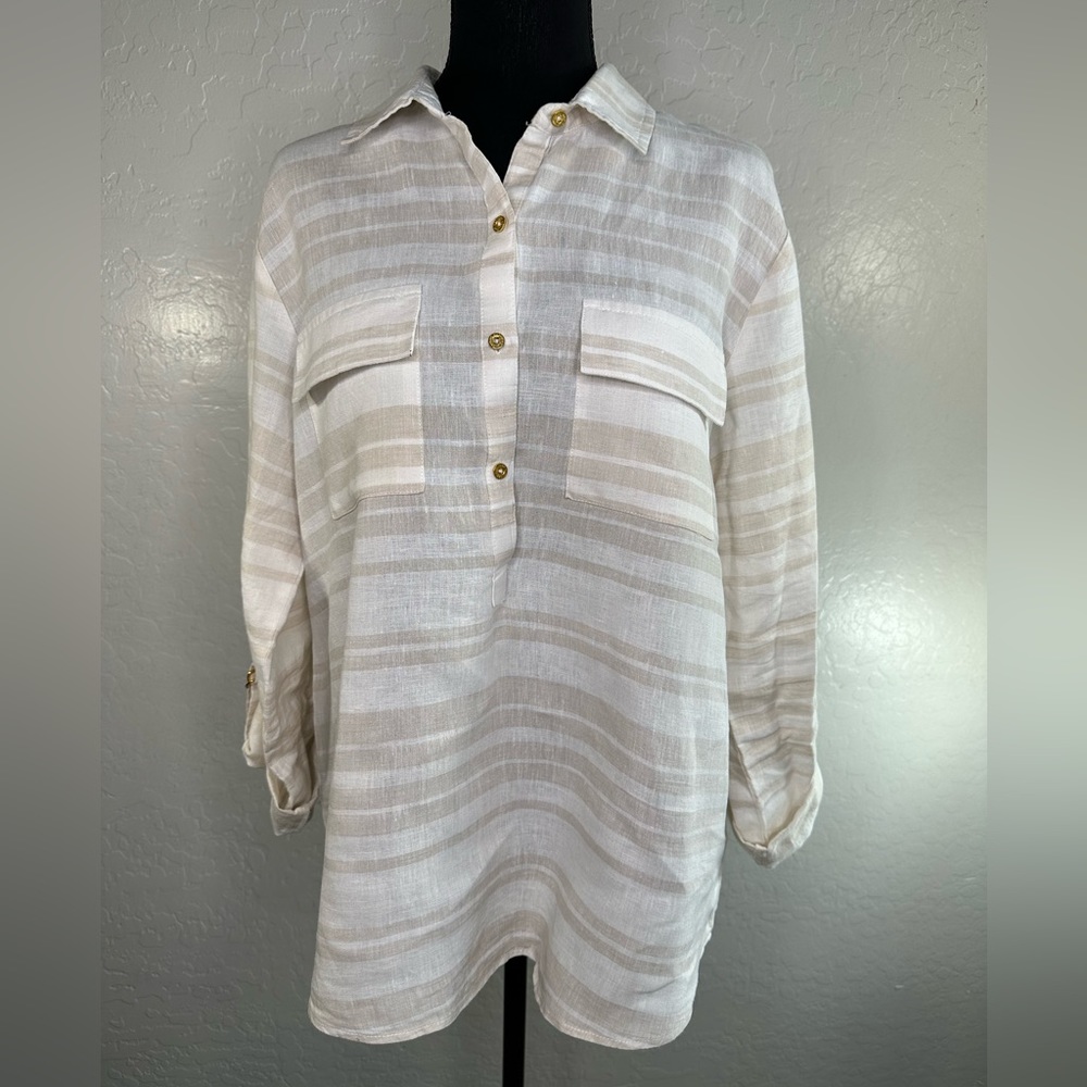 Ellen Tracy striped women's top 100% Linen collared long sleeve Sz L